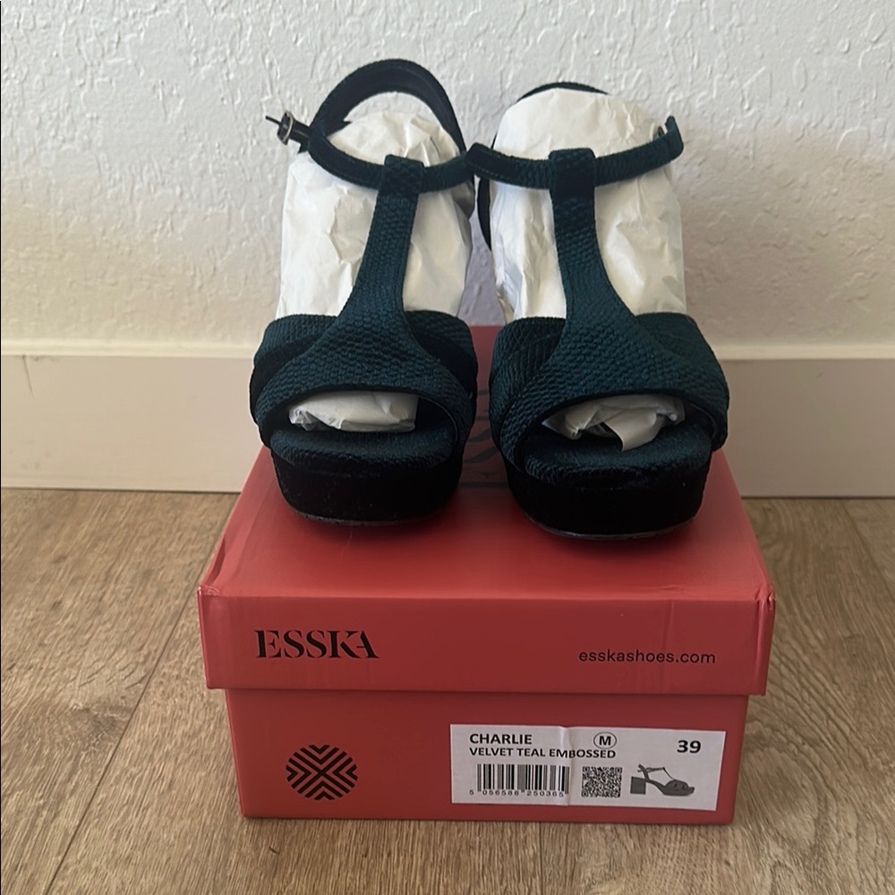 Esska Charlie Velvet Teal Chunky Heels